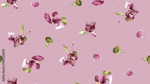 Floral seamless pattern featuring watercolor-style dark pink Bougainvillea fl...