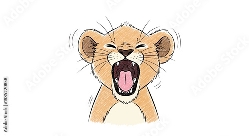 Cute lion cub yawning widely with eyes closed, showing teeth and tongue, cartoon style