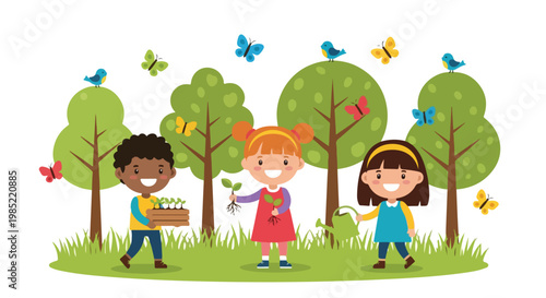 Three diverse children are happily planting and watering young saplings in a green park filled with tall trees, colorful birds, and butterflies.