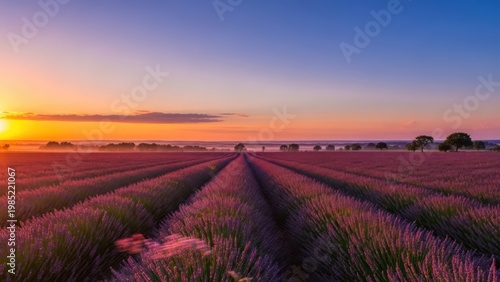 Lavender field at sunset dusk.