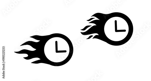 Fast Time Speed Clock Icon with Fire Flame Silhouette, Deadline Urgency and Express Delivery Concept.