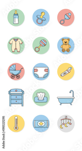 Collection of colorful baby care and nursery item icons, including bottle, pacifier, rattle, clothes, teddy bear, stroller, diaper, changing table, bathtub, and thermometer.