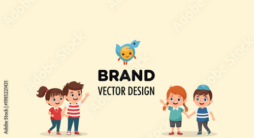 Cute cartoon children and a bird character with 'BRAND VECTOR DESIGN' text on a light background, illustrating friendship and playful design.