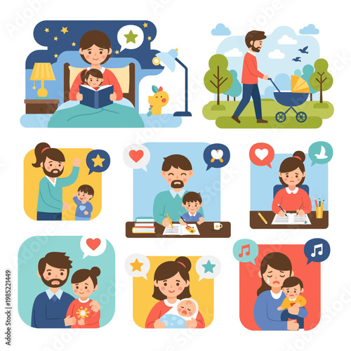 Various illustrations depicting different aspects of parenting, family life, and child care, showing mothers and fathers interacting with their children in everyday situations.