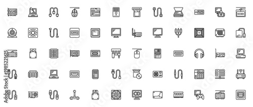 Computer hardware icon set. Vector tech symbols including VGA card, motherboard, CPU, hard drive, graphics card, server, keyboard, cables and more. Minimal line icons for IT and digital projects.