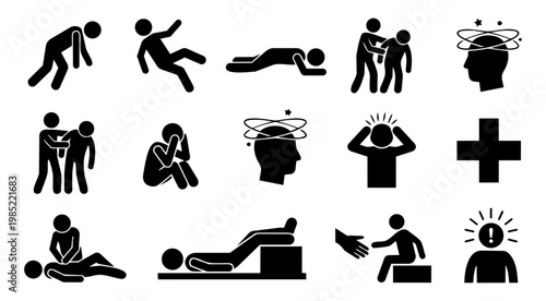 Fainting Icon Set Dizziness First Aid Medical Emergency Silhouette Collection