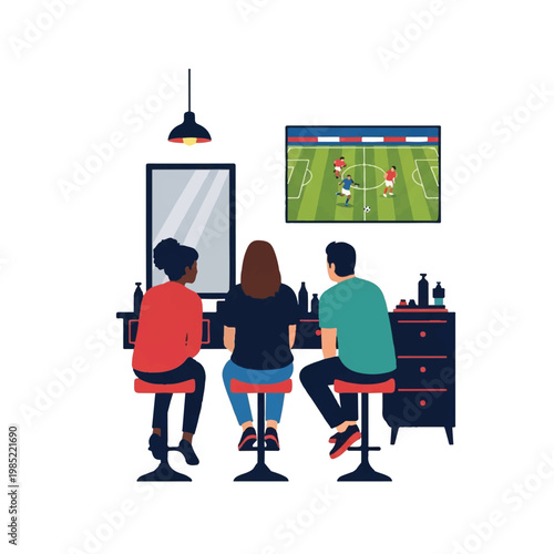 A silhouette of three diverse friends sitting on high stools in a modern minimalist barbershop watching a soccer match on a wall-mounted screen, community connection, minimalist flat vector