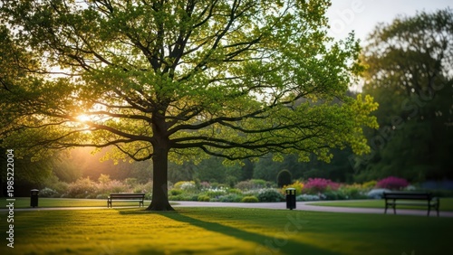 Sunset in a green park.