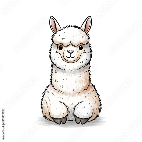 Cute cartoon alpaca sitting, white fluffy animal illustration, friendly face