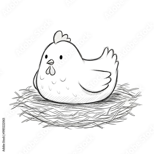 Cute cartoon chicken sitting in a nest, sketch style