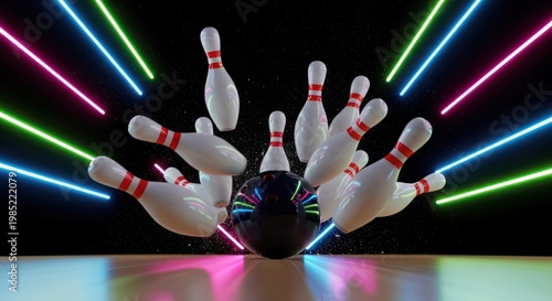 Strike bowling pins colorful lights.
