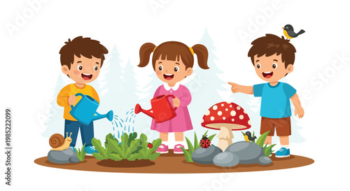 Konstfotografi Three happy children are watering plants and exploring nature in a garden, with a snail, ladybugs, a bird, and a large red-spotted mushroom