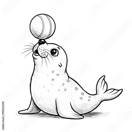 Cute seal balancing ball on nose, cartoon sketch