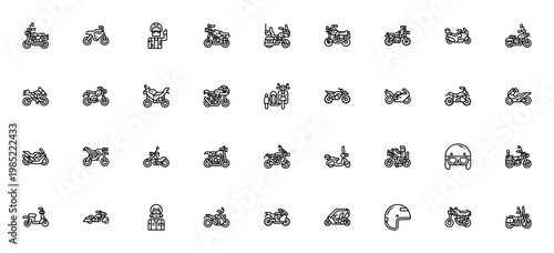 Motorcycle icon set. Vector illustration pack. Includes biker, scooter, helmet, chopper, enduro, sidecar and more. Editable stroke line icons.
