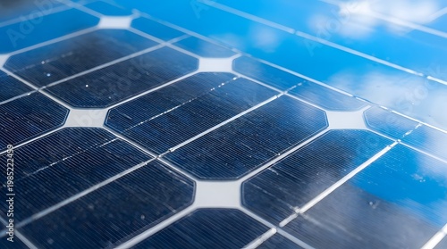 Close-up of solar panel cells with reflective blue surface