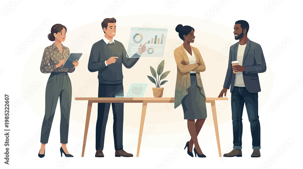 Obraz premium Diverse Business Team Presentation Meeting with Charts Dashboard Flat Vector Illustration