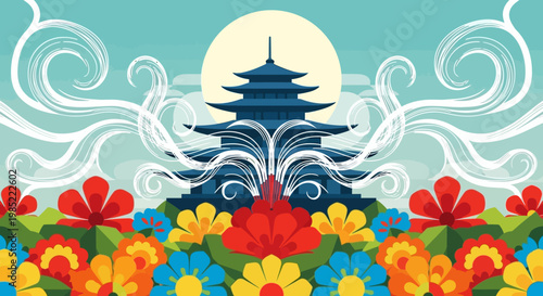 A serene Japanese pagoda stands amidst vibrant flowers under a full moon.