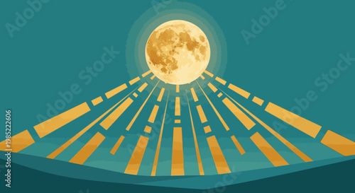 Sunrise Event Occurs Over Mountain Landscape with Moon and Rays