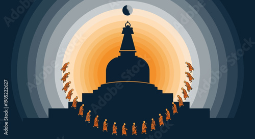 People gather around a large Buddhist temple at sunset in a city