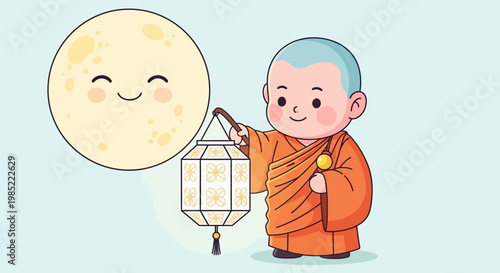 A monk holds a lantern under a smiling moon at nighttime