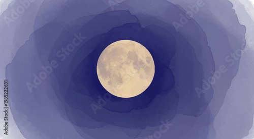 The full moon shines brightly in a dark night sky with blue circular shadows.