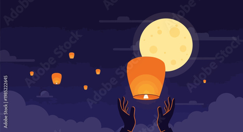 Hands releasing orange lanterns into night sky with full moon