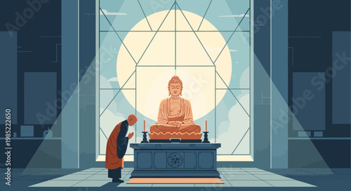 A monk bows before a serene Buddha statue sitting on a pedestal indoors.