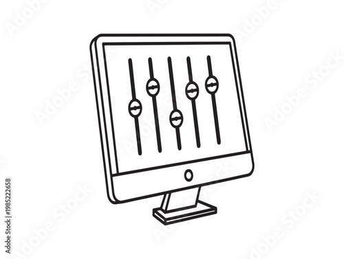 Black and white line art of a vintage computer monitor with sliders