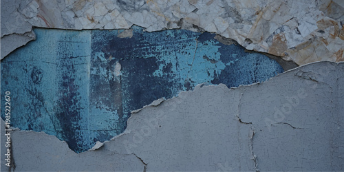 A weathered blue painted wall features a rough grunge texture with cracked cement and aged plaster on a dirty, vintage stone surface