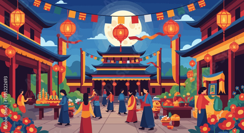 People gather in a vibrant traditional courtyard with lanterns and colorful decorations at night