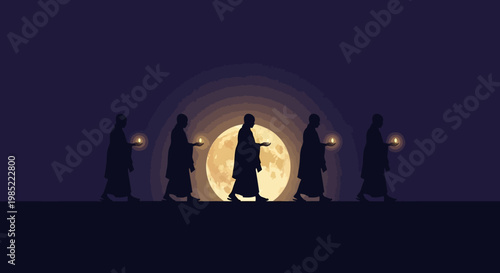 People walking in a line under a bright moonlit night