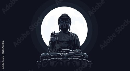 A serene Buddha statue sits cross-legged under a full moon.
