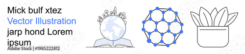 Education, science, nature, innovation, environment, and technology. ion of an open book with a globe, molecular structure and a potted plant. Education and science concepts