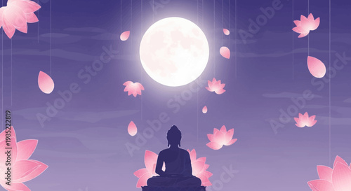 A serene Buddha meditates under a full moon surrounded by falling pink lotus flowers in a peaceful night.