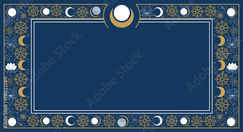 The celestial border features various moon phases on a dark blue background