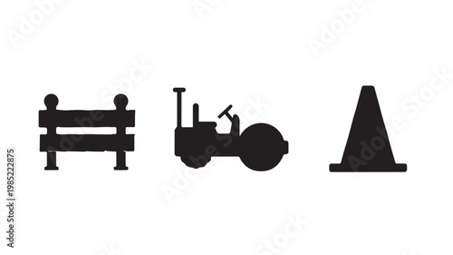 Road construction icons set with tractor and barriers