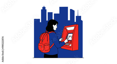 Woman with Backpack Using ATM Machine in City