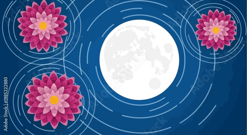 A serene nighttime scene with flowers orbiting the full moon.