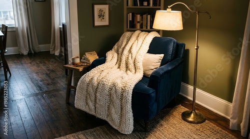 Cozy living room corner with blue sofa, white throw blanket, and gold lamp
