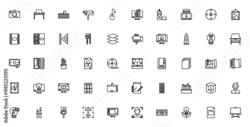 Art and Design studio icon set. Vector illustration pack featuring camera, workspace, keyboard, paint roll, computer, brush, sketchbook, pencil, canvas, color and more. Editable stroke.