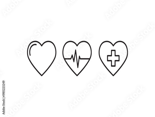 Four heart icons representing health and medical concepts in a simple line art style