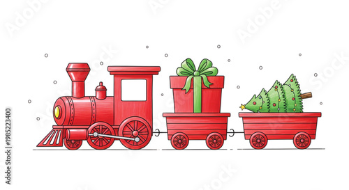A red toy train carries a gift and trees in a festive scene