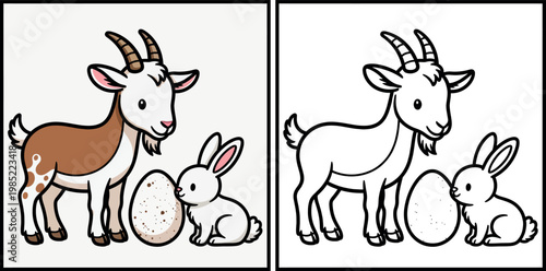Cute cartoon goat and bunny with spotted Easter egg coloring page