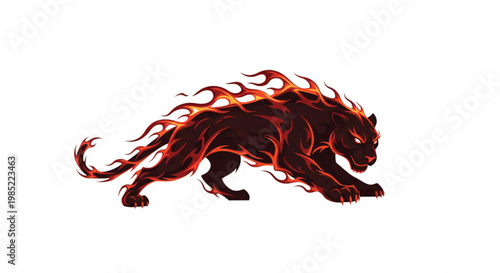 A fiery lion illustration runs forward with flames on its body.