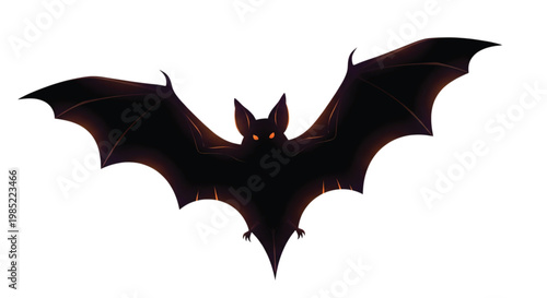 A large dark bat is flying through the air with its wings spread.