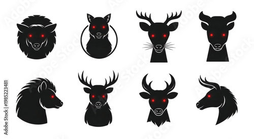Eight animal heads with glowing red eyes are depicted in profile and front views.