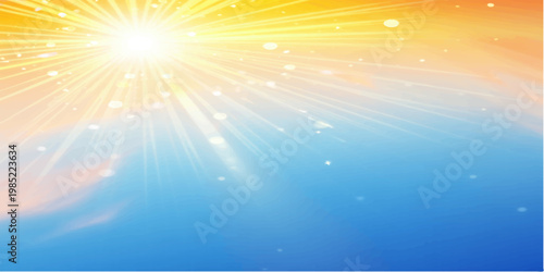 An abstract blue vector background featuring bright summer sunlight rays and a glowing star burst over a sunny nature sky backdrop
