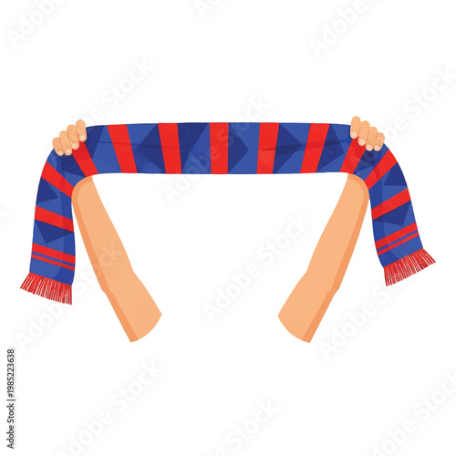 Quadro su tela Two hands raised high holding a long soccer scarf with geometric patterns in red