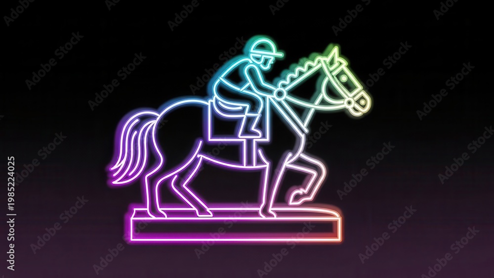 Fototapeta premium Vibrant neon outline of a jockey riding a horse in full stride on a glowing illuminated base a