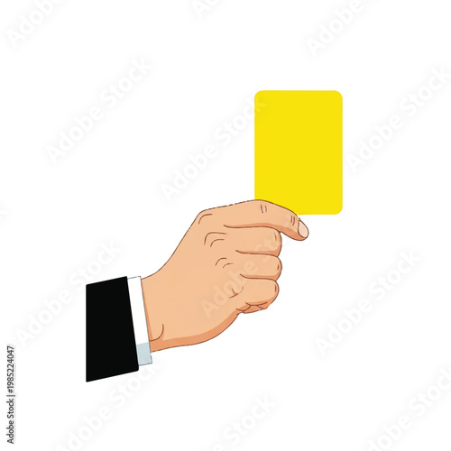 A referee's hand emerging from the side holding up a bright yellow card against a stark white background, iconic officiating moment, sharp lines, minimalist flat vector artwork, clipart style,
